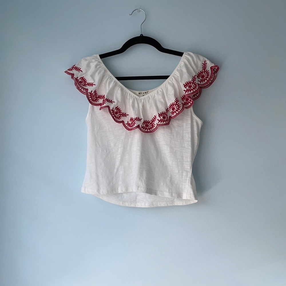 Cropped white and red eyelet top